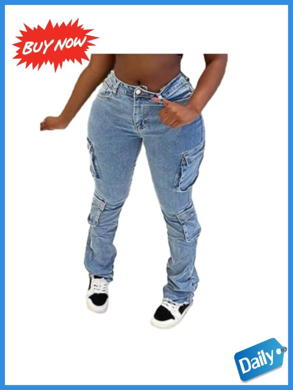 Women's Cargo Jeans Flare Leg Low Rise Stretch Denim Pants Multiple Pockets